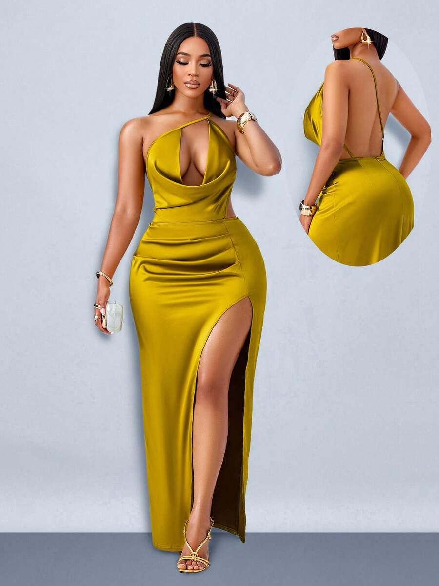 SOLERSUN Váy satin xẻ cao cổ khoét sâu màu mù tạt thanh lịch dành cho nữ - Màu Mù tạt vàng - Xem 1