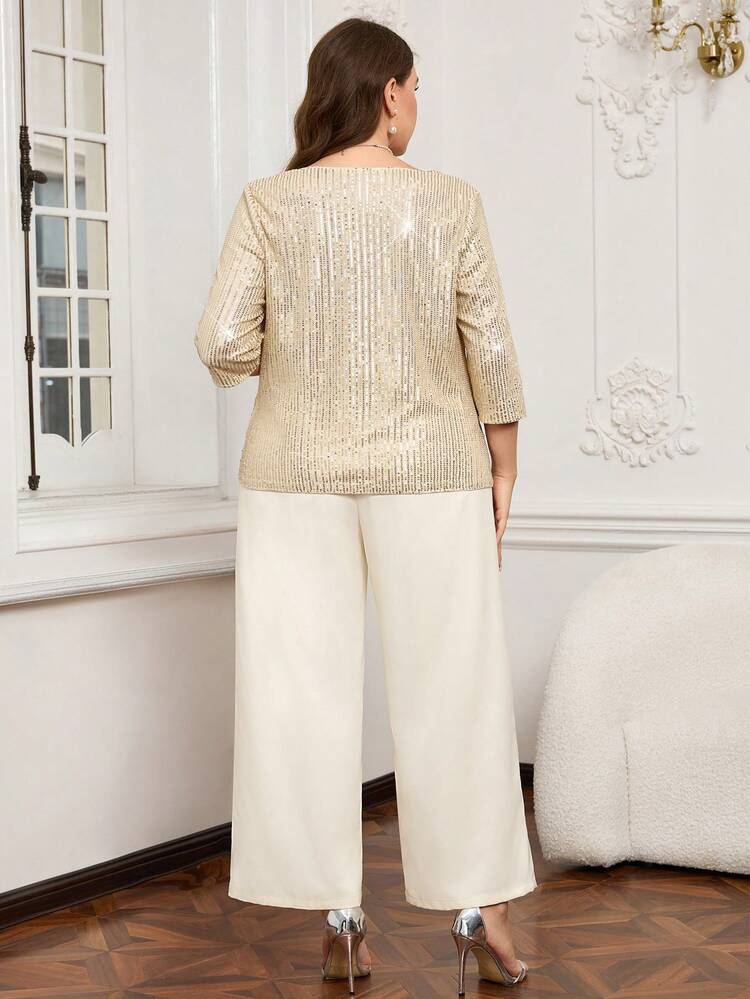 Plus Size Elegant Party Sequin Embellished Cowl Neck Top And Long Pants 2 Pieces Set, Suitable For Spring And Autumn,  Going Out Outfits,  New Clothes, Simple And Fashionable For Everyday Wear, Plus Size , Comfortable And Breathable,  Outfit For Women, New Year Clothes, Suitable For Multiple Occasions, , Date Night Outfits Women, Night Party, Elegant Party, Date Night Outfits Women, Thanksgiving Outfit For Women, Suitable For Valentine's Day,