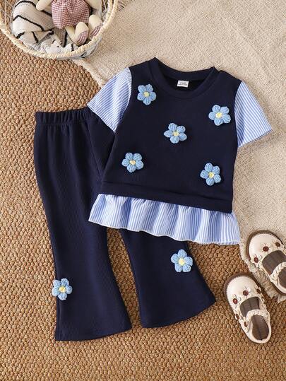SHEIN 女童甜美花卉图案蓝白条纹上衣搭配简约蓝色长裤休闲T恤套装