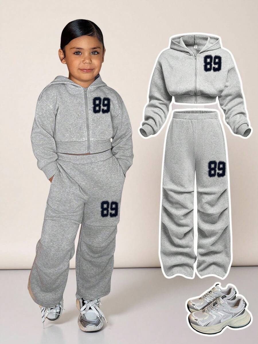 2pcs Young Girl Casual Letter Print Grey Hooded Sweatshirt Sweatshirt And Drawstring Sweatpants Set