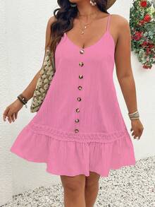 SHEIN LUNE Plus Size V-Neck Sleeveless Front Button Hem Ruffle Texture Slip Dress, Casual Vacation Beachwear - Pink - View 5