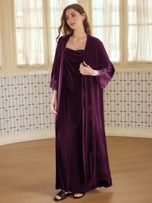 MOTF PREMIUM EMBROIDERED FLORAL LACE PATCHWORK SHORT ELEGANT ROBE - Purple - View 3