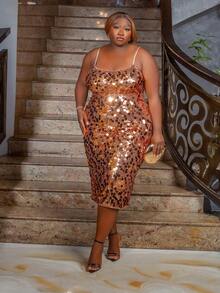 CurvyTilda Plus Size Women's Sexy Backless Sequin Spaghetti Strap Cocktail Party Dress, Elegant Formal Gown Suitable For Nightclub, Party, Holiday Event, School Clothes, Fall Clothes,Autumn,Y2k Clothes,Night Out/ Plus Size Sequin Dress/ Plus Size Gold Sequin Dress/ Curve Sequin Dress/ Plus Size Birthday Dress,Homecoming Dress, For Hourglass Body Shape, For Body Shape, For Summer - Gold - View 4