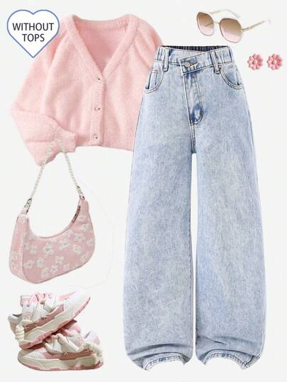 SHEIN Explorewe Streecool Tween Girl Fashion Cross Rhinestone Decor Wide Leg Jeans, High Waist Front Button Multiple Pockets Minimalist Mid-Rise Wide Leg Jeans, Casual Everyday Wear