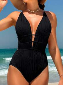 Swim Vcay Summer Beach Solid Color Deep V-Neck Backless Sexy One-Piece Swimsuit - Black - View 5