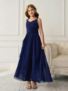 Elegant Navy Blue Summer Flower Girl Dress,Traditional Wedding Princess Ball Gown,Sleeveless Chiffon Tulle Graduation Dress For Tween Girl,Formal - Navy Blue - View 4