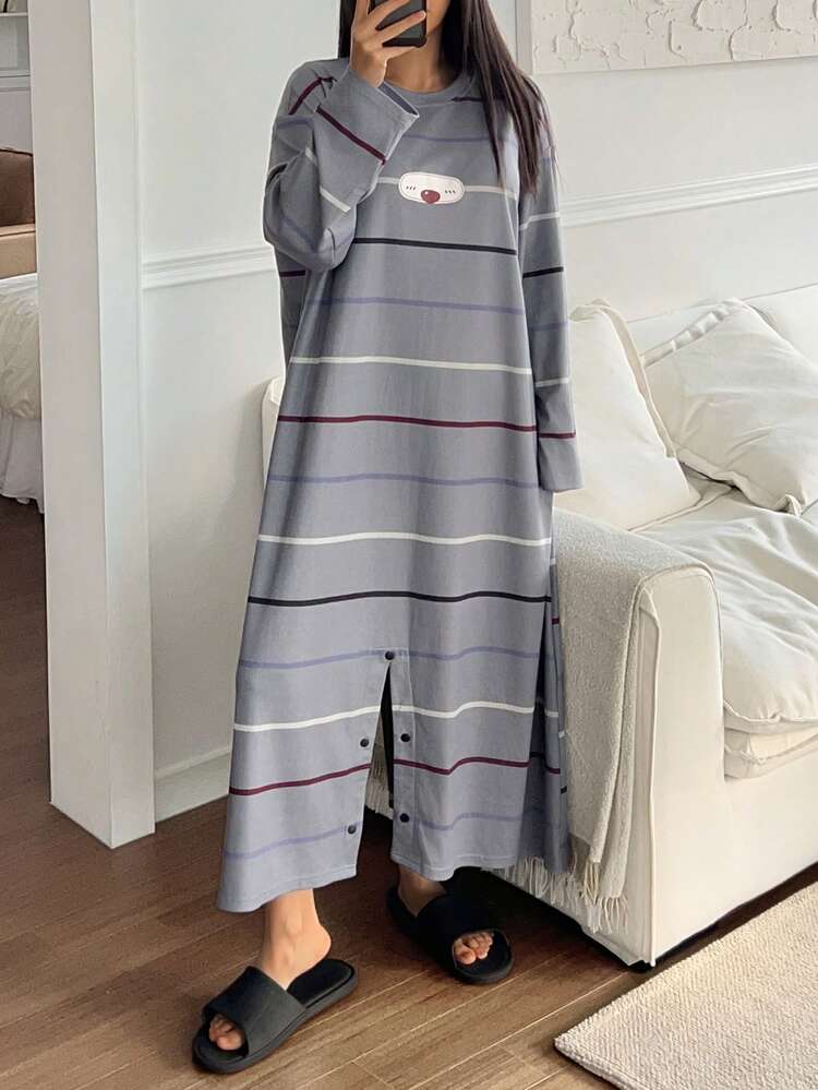 Striped Cartoon Nose Print Loose Women Pajama Jumpsuit