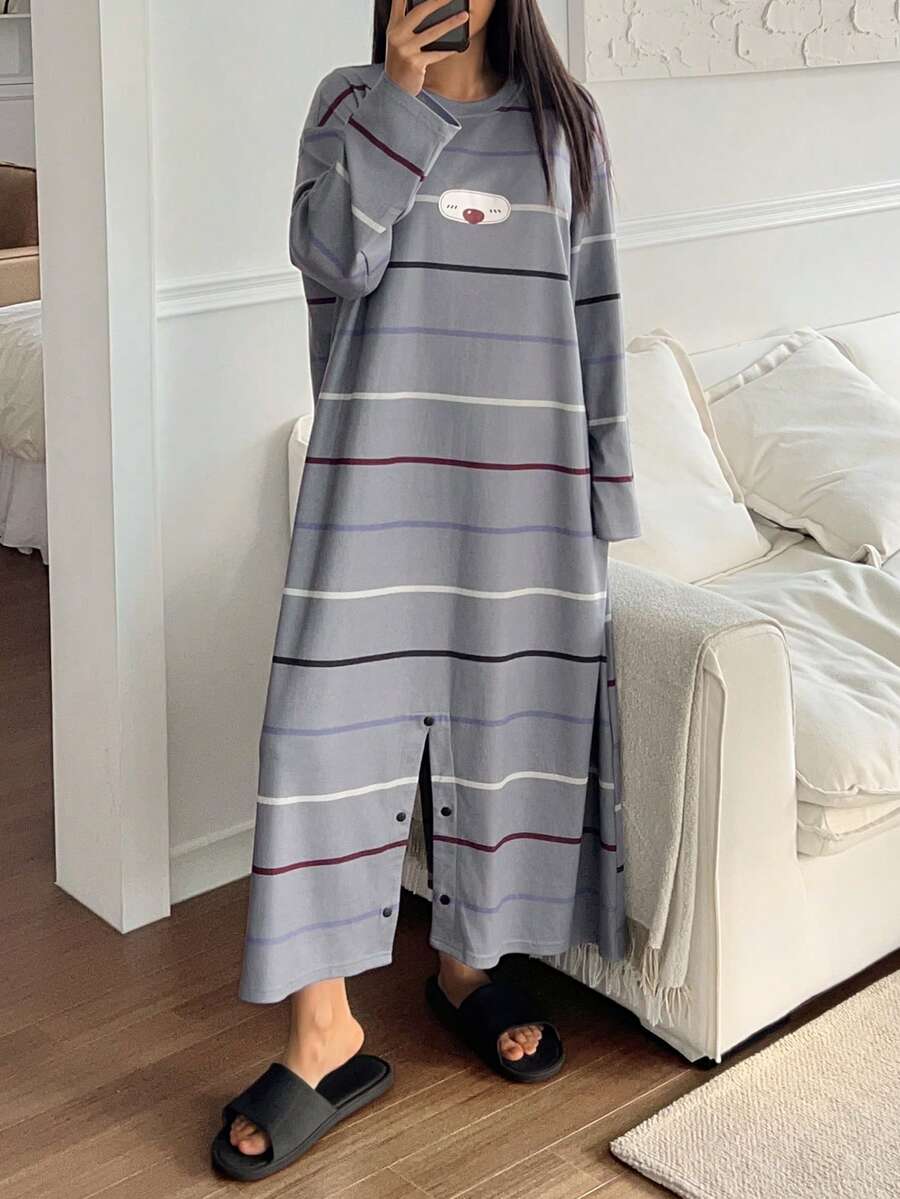 DAZY Striped Cartoon Nose Print Loose Women Pajama Jumpsuit