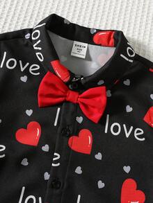 2件套男童休闲校园风舒适卷袖衬衫短裤套装，心形印花衬衫短裤 - 彩色 - 查看 3