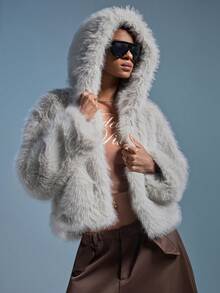 GENKIRA 女士仿毛皮连帽休闲外套，黑灰混色，时尚别致 - 淺灰色 - 查看 7