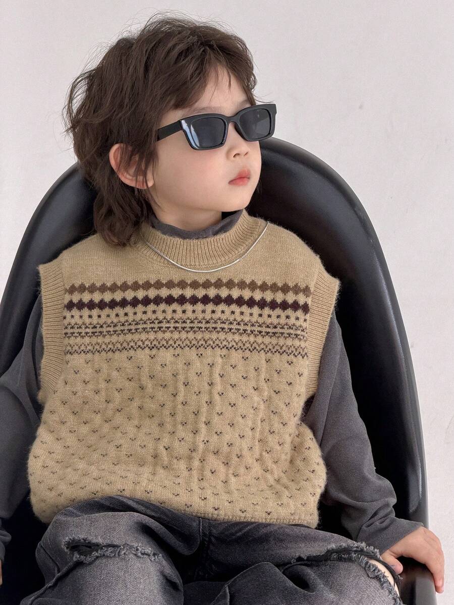 DAZY Suéter de punto jacquard con estampado, estilo japonés, para niños, casual, otoño - Caqui - Ver 1