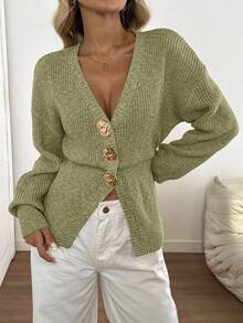 Easowa New Autumn Casual Dropped Shoulder Cinched Waist Elegant Cardigan For Women - Green - View 4