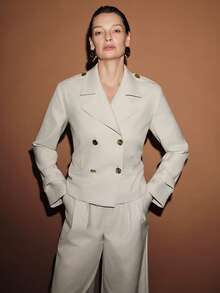 SHEIN LUNE Women's Solid Color Lapel Double-Breasted Cinched Waist Long Sleeve Crop Top Suit Set - Light Grey - View 1