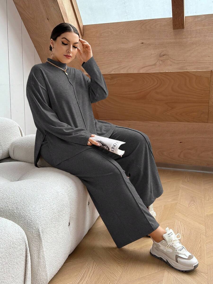 SHEIN Essnce Plus Size Solid Color Mandarin Collar Long Sleeve Top And Pants Casual 2-Piece Set - Grey - View 1