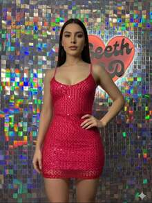 Vestido mini elegante de linea A con escote en V profundo de lentejuela con forro - rojo - Ver 1