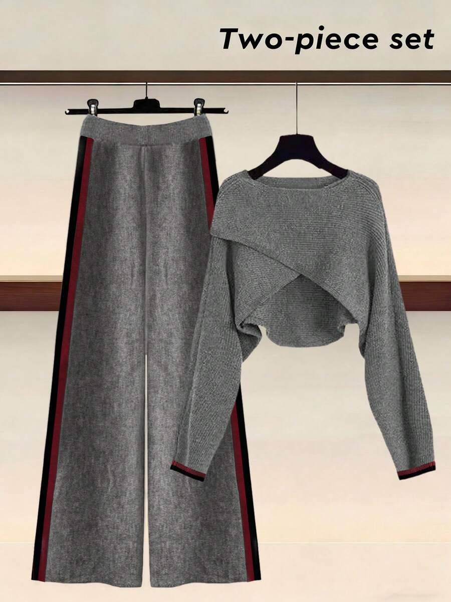 GlowEve 独特小众设计交叉灰色长袖针织毛衣女新款休闲宽松上衣搭配条纹阔腿裤女针织两件套