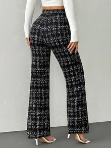 SHEIN PETITE Summer Elegant Women's Plaid Printed Elastic Knitted Pants, Suitable For Various Occasions, Suitable For Summer Vacation, Elegant Travel, And Daily Commuting, Winter For Women,Thanksgiving For Women - Black - View 9