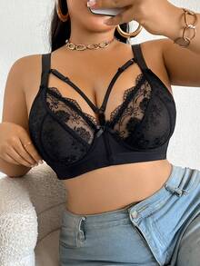 1pc Plus Size Wireless Mesh Embroidered Bra - Black - View 9
