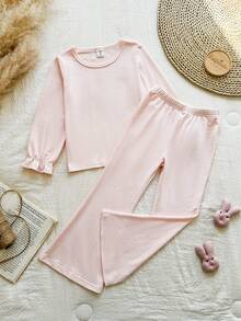 Vintaside Kids 2pcs/Set Girls Diamond Textured Knit Jacquard Long Sleeve Top + Flare Pants, Spring/Autumn - Baby Pink - View 3