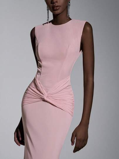 Elitara Elegant, Romantic, Fashionable Pink Elastic Mesh Round Neck Bow Decor Hollow Back Fishtail Hem Formal Party Dress, Wedding Guest Dress, Yellow Dress, Fashionable & Elegant Bridesmaid Dress Curve Dress High Stretch Dress Ruched Dresses