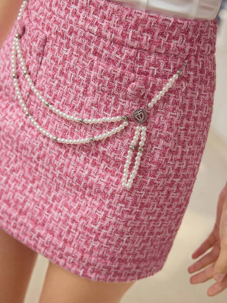 WOMEN'S THICK TWEED PLAID FAUX PEARL CHAIN DECOR SKIRT, AUTUMN/WINTER