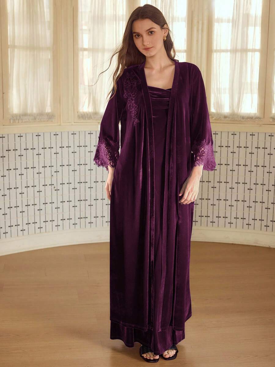 MOTF PREMIUM EMBROIDERED FLORAL LACE PATCHWORK SHORT ELEGANT ROBE - Purple - View 1