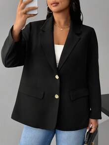 Hourglow Allicaitlin Plus Size Casual Versatile Solid Color Blazer In Fall/Winter, For Hourglass Body Shape - Black - View 5