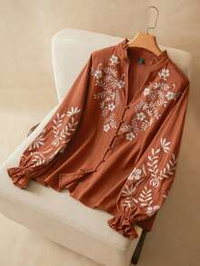 Elaquor Plus Size Floral Embroidery Notched Neck Casual Vacation Boho Brown Blouse Spring - Rust Brown - View 3