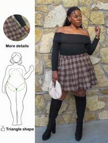 Truni Awkwardfatgirl Plus Size Vintage Plaid Pleated A-Line Skirt, For Pear Triangle Body Shape - Brown - View 1