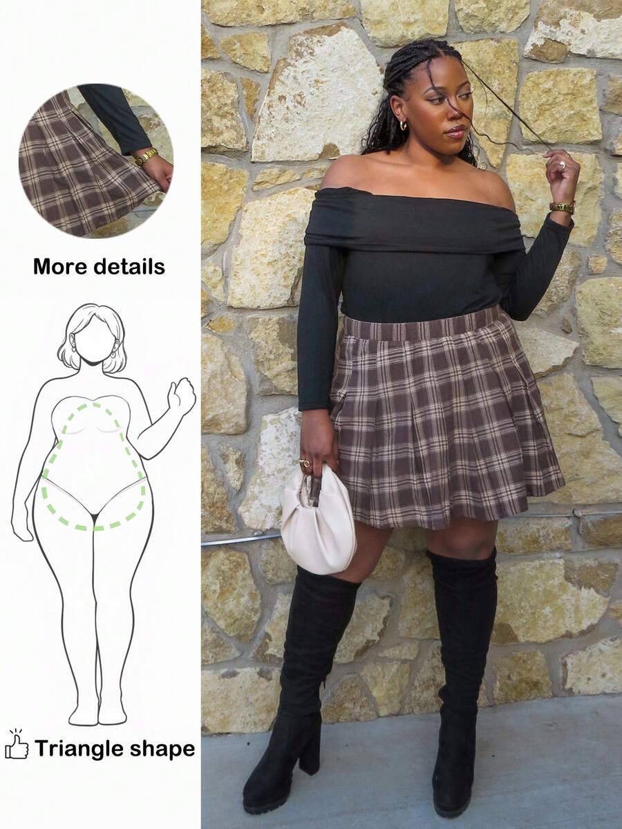 Truni Awkwardfatgirl Plus Size Vintage Plaid Pleated A-Line Skirt, For Pear Triangle Body Shape - Brown - View 1
