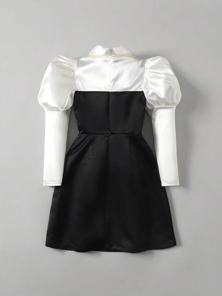 Tween Girl Woven Contrast Color Collar Petal Sleeve Bowknot Dress