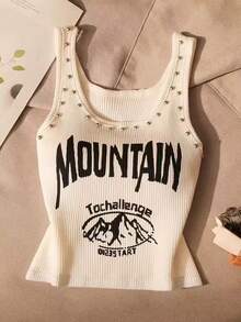 Resyla New Arrival Rhinestone Letter Print Regular Women Tank Top - White - View 4
