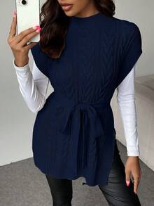 EMERY ROSE Stand Collar Split Tie Knot Casual Versatile Short Sleeve Sweater Vest - Navy Blue - View 4