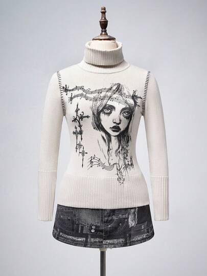 Suéter de cuello alto con estampado gráfico retro de subcultura ciberpunk para mujeres