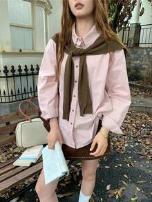 K-Vae Women's Pink Drop Shoulder Long Sleeve Single-Breasted Casual Loose Shirt - Pink - View 3