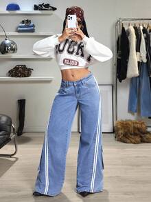 Jeanoix Blugi cargo cu talie joasă și dungi contrastante pentru femei Y2K - Spălare ușoară - Vizualizare 7