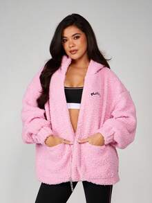 Missguided x Playboy Women Sherpa Fleece Zip Up Jacket With Hood And Front Pockets Logo Fall Winter Outerwear Oversized - Pink - View 2