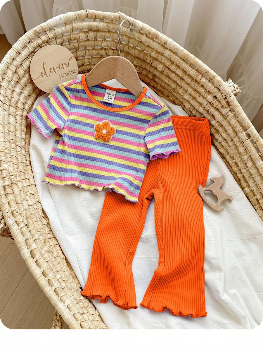 SHEIN Bộ đồ liền thân tay ngắn kẻ sọc nhiều màu sắc dễ thương cho bé gái mùa hè và quần cạp chun - trái cam - Xem 1