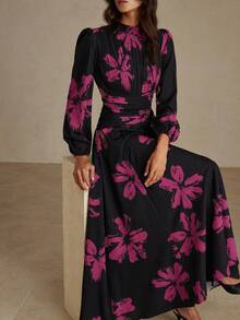 Revavyn 优雅印花高领连衣裙，胸部褶裥设计，抽绳腰带，喇叭形下摆，长袖 - 玫紅色 - 查看 6