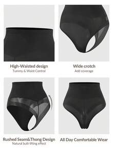 SHAPORA Shaping High-Waisted Mesh Thong, Body Shaper Butt Lifter-Tummy Waist Control Panty - Black - View 6