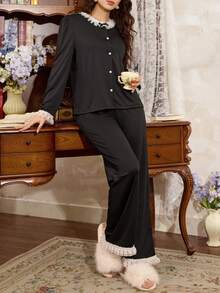 Côtesoire Ensemble de pyjama cardigan élégant en dentelle bicolore pour femmes - Noir - Voir 4