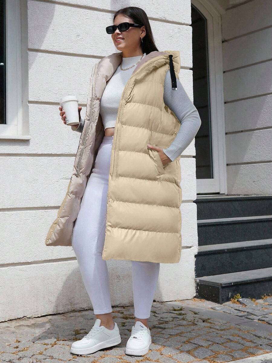 EURMUSE Plus Size Zip Up Drawstring Hooded Puffer Vest Coat - Cream - View 1