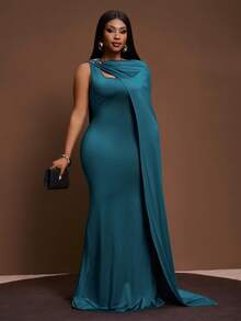Slaydiva Plus Size Light Teal Summer Curve Elegant Cocktail Dress,Women's Cape Floor-Length Knitted Super Long Dress For Wedding,Party & Birthday Banquet - Teal Blue - View 5