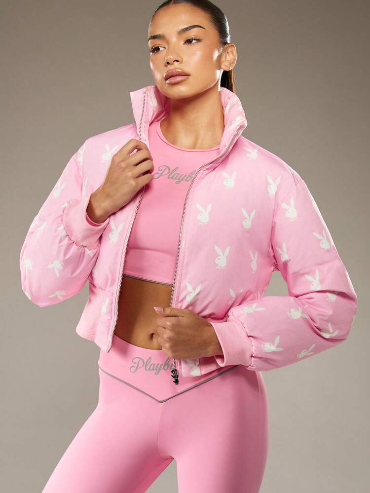 Missguided x Playboy Oversized Crop Puffer Jacket With Bunny Print And Ribbed Hem For Cold Weather Layering