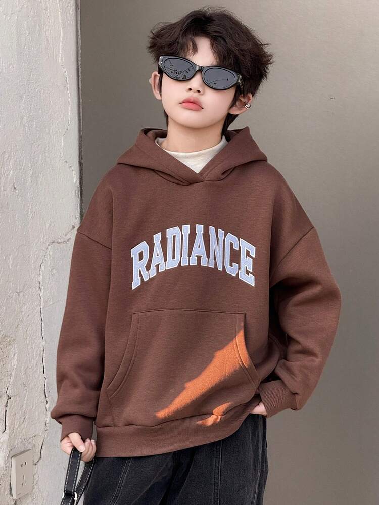 Tween Boy Casual Letter Embroidery Kangaroo Pocket Sweatshirt, Autumn Spring