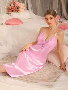 DelicateAllure Romantic Lace Plunging Neck Satin Solid Color Lace Sleepwear, Elegant & Charming - Pink - View 3