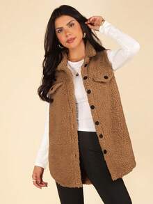 Coeurva Áo khoác vest Teddy có chi tiết vạt đơn giản thời trang phù hợp cho mùa đông - Lạc đà - Xem 4