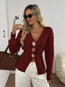 Easowa New Autumn Casual Dropped Shoulder Cinched Waist Elegant Cardigan For Women - Burgundy - View 6