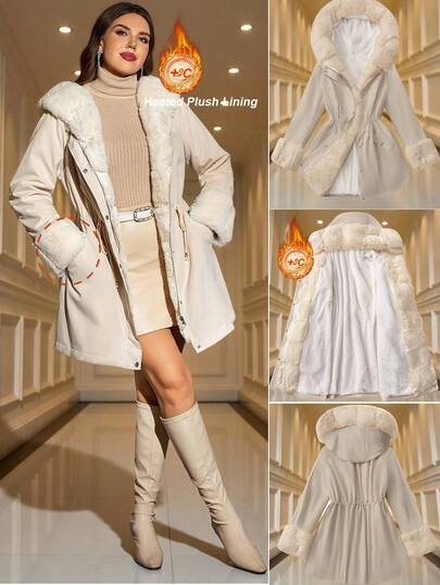 SHEIN Clasi Curve 大码女装新年派对高品质PU杏色拉链连帽抽绳收腰长袖防风外套，带口袋、加热毛领和加热毛绒内衬，加厚保暖内衬提供额外保暖和防风保护。保暖防寒防风，2025新款，舒适保暖，大码女装长袖口袋休闲外套，秋季女装，冬季女装，复古风，外出穿搭，秋季穿搭，冬季女装，大码冬季女装，办公室穿搭，秋季女装，优雅女装，女士秋季服装，办公室，圣诞节和新年，圣诞节和新年服装，圣诞节和新年女装，秋季上衣，复古风格女士加大码长袖口袋休闲连帽外套，绗缝外套，拉链开合，女士冬季服装，圣诞节女装，适合多种场合，秋季