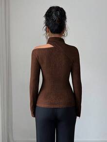 Modelyn 女士斜肩长袖修身休闲T恤，纹理设计，秋冬季款 - 棕色 - 查看 2